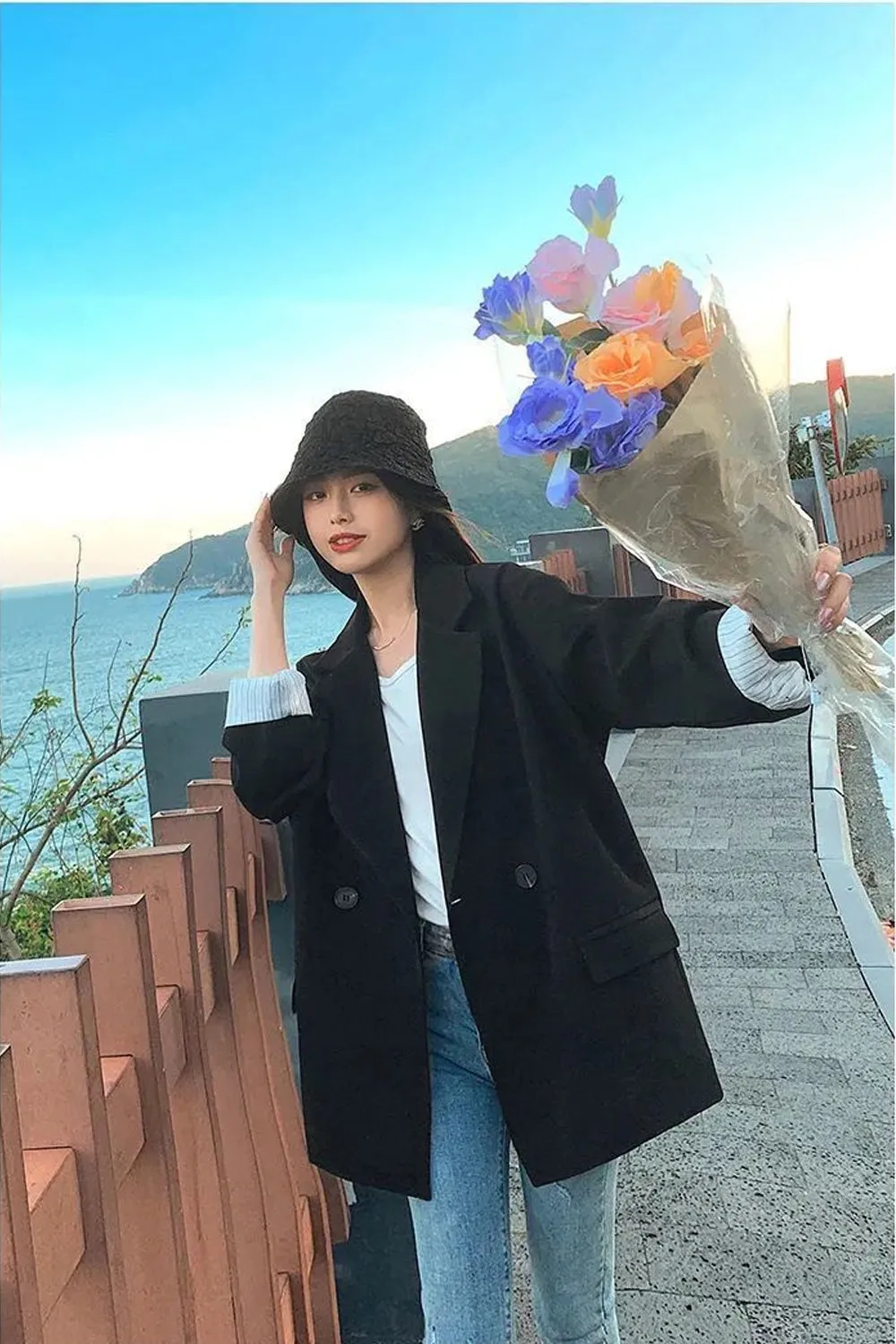 Loose Solid Double Breasted Blazer Jacket