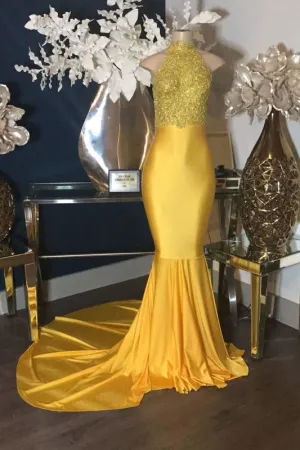 Luxury Gold Lace Appliques Halter Sleeveless Mermaid Long Prom Dresses