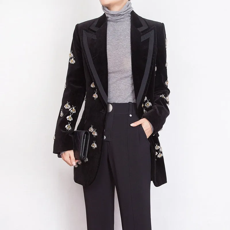 Luxury heavy work beaded diamond suit jacket female
