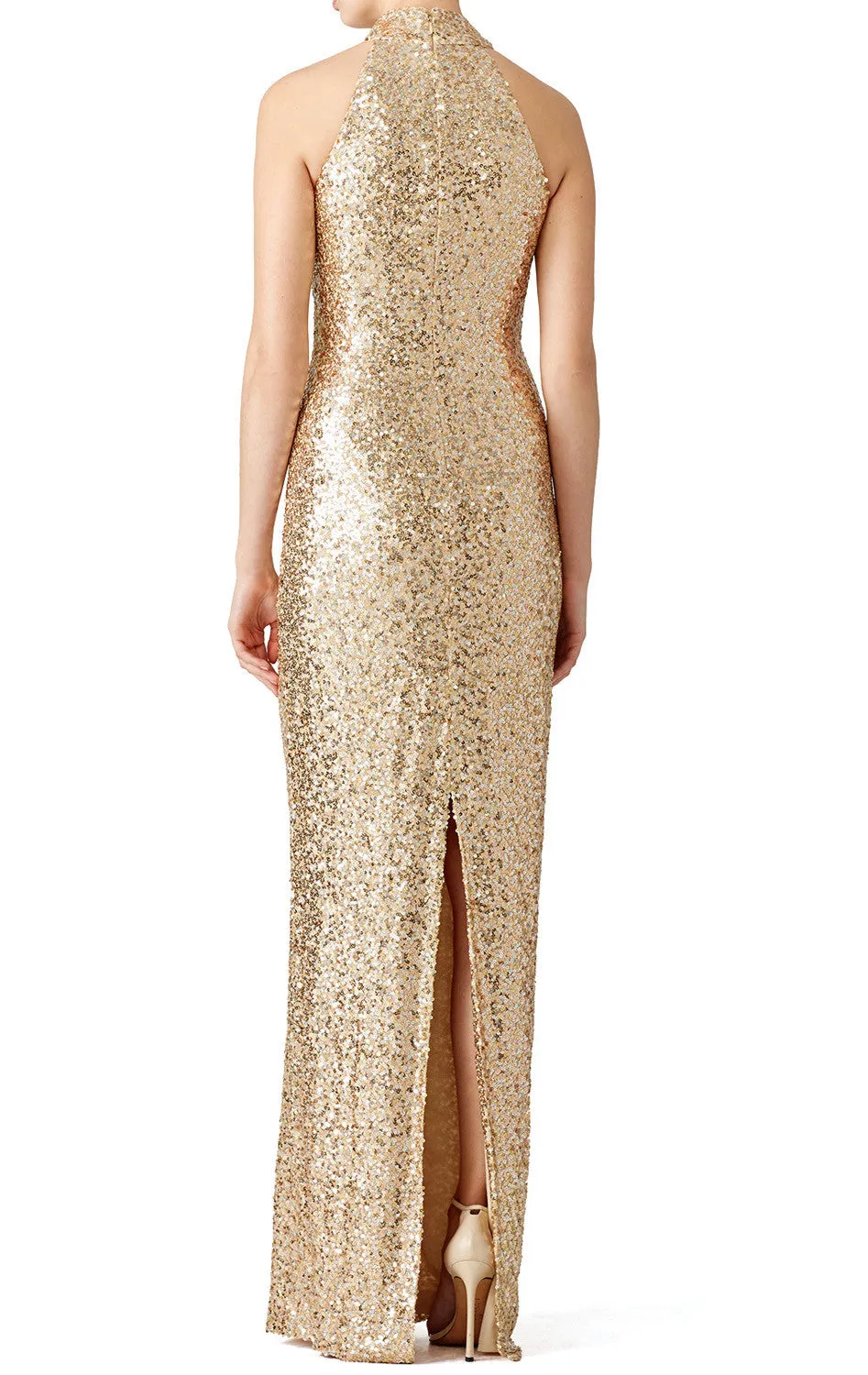 MACloth High Neck Sequin Long Prom Dress Gold Formal Evening Gown Bridesmaid Dress