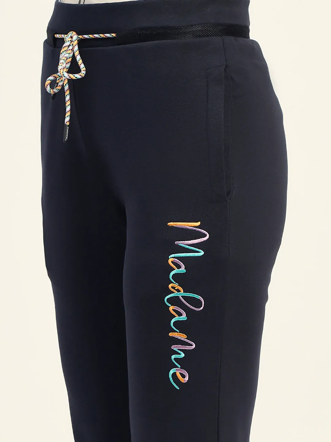 Madame Typography Print Navy Cotton Track Bottom