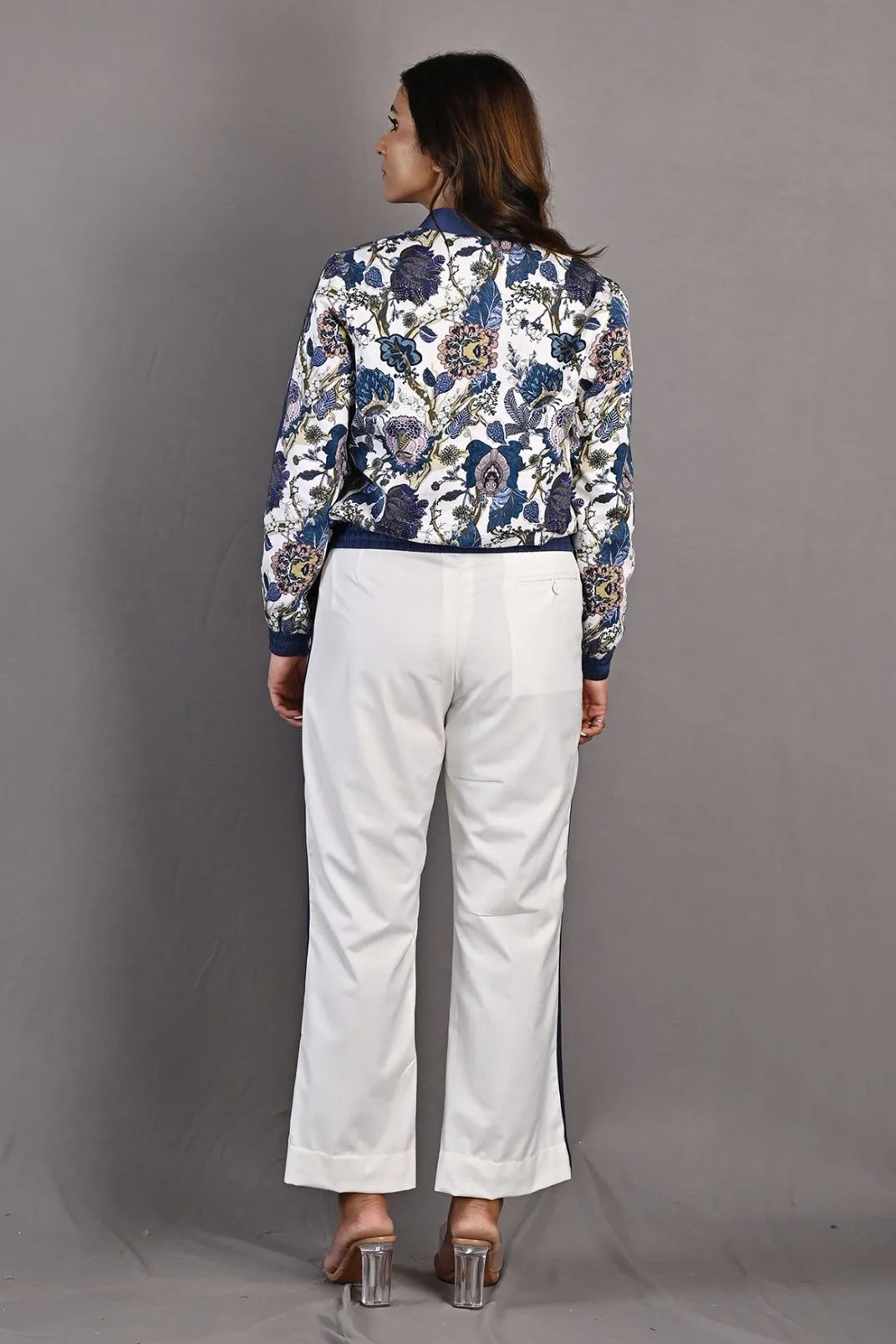 Magnolia- Printed Bomber Jacket Set with Off White Bell Bottoms