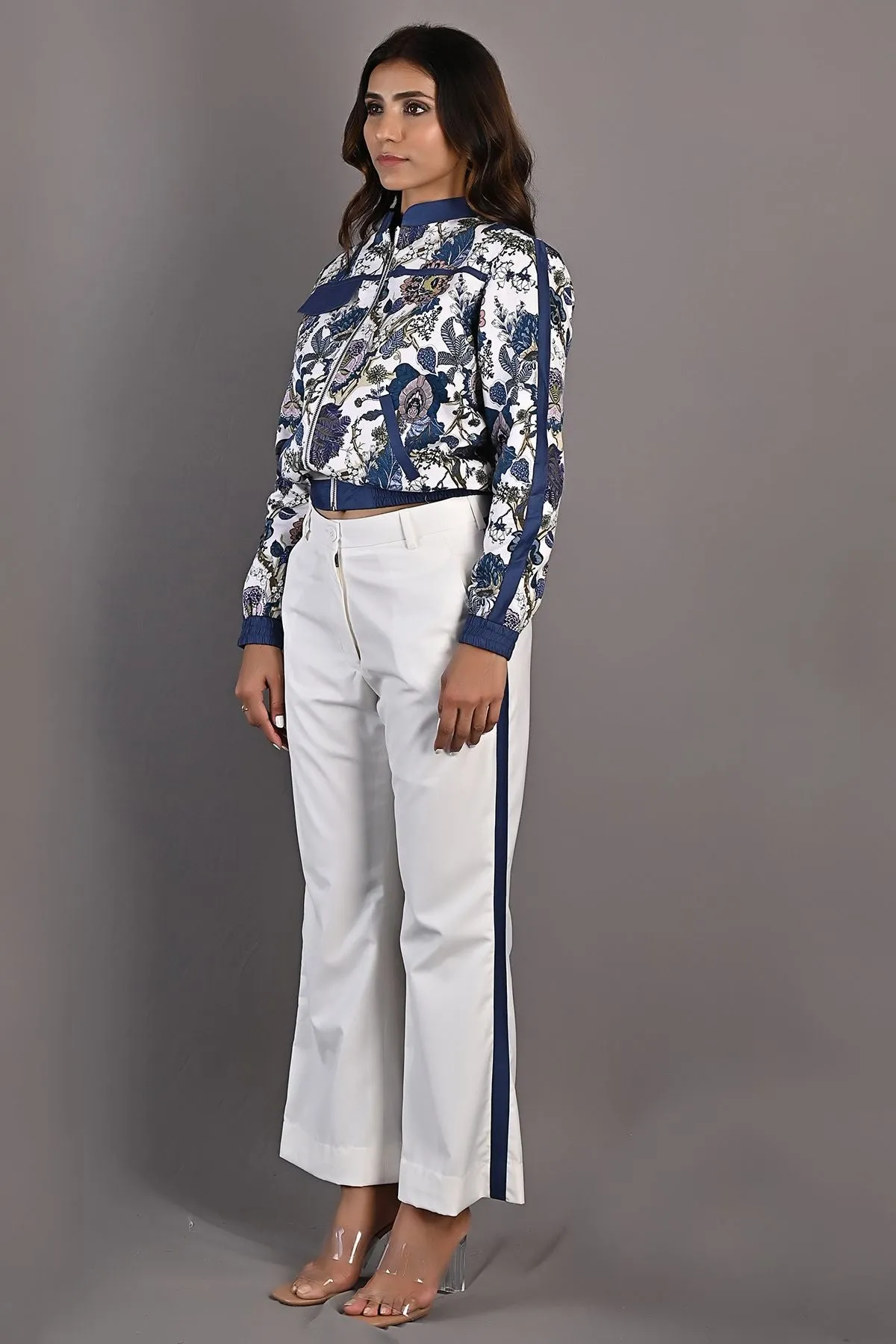 Magnolia- Printed Bomber Jacket Set with Off White Bell Bottoms