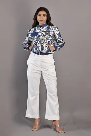 Magnolia- Printed Bomber Jacket Set with Off White Bell Bottoms