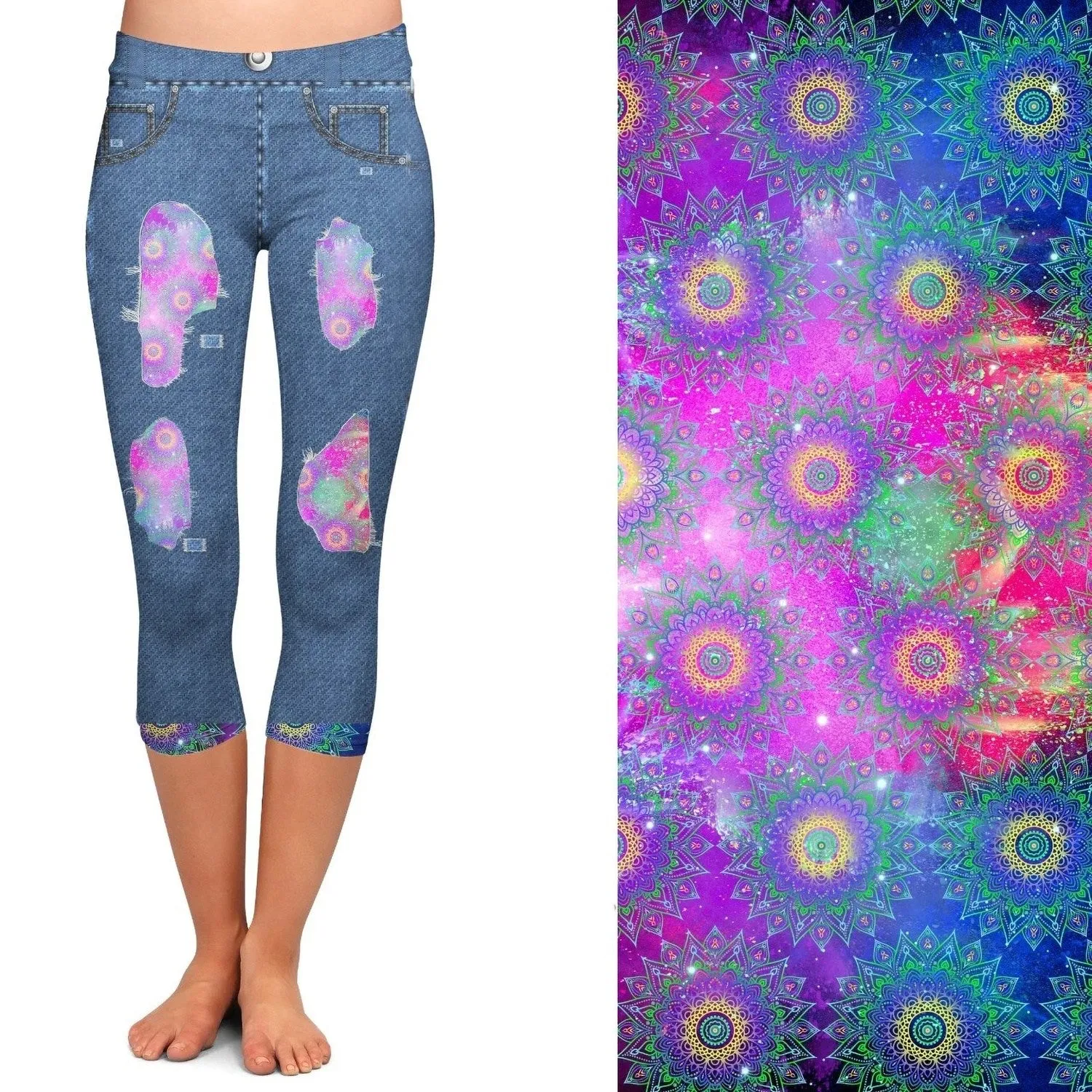 Mandala Jean Capris Leggings with Pockets