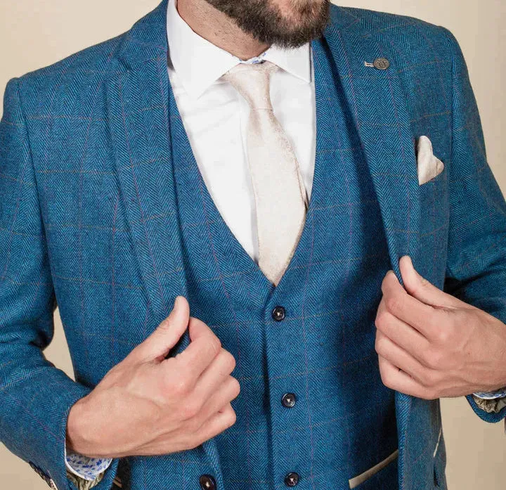 MARC DARCY Dion Tweed Blazer - Mens Slim Fit - Blue Check