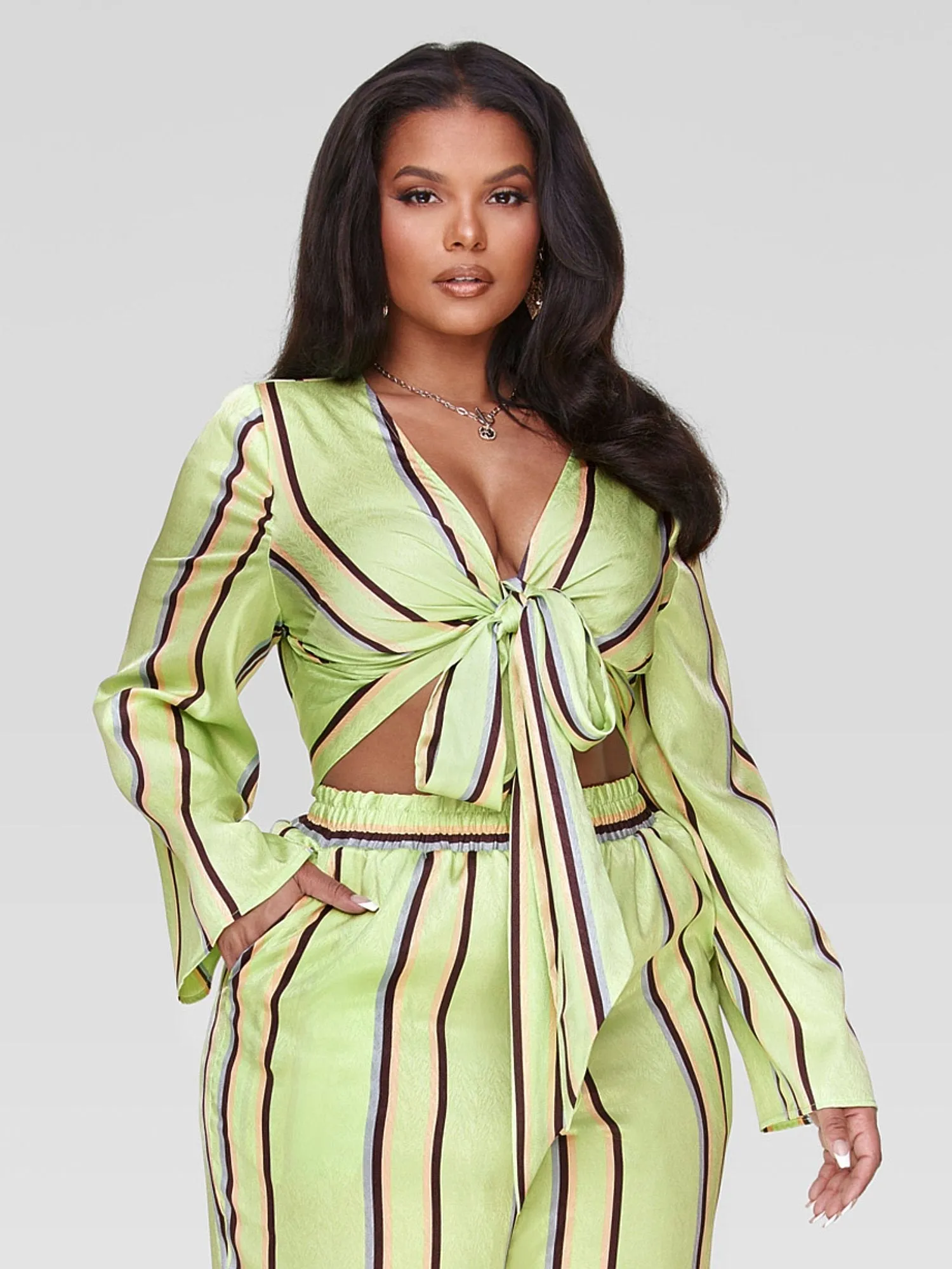 Marcella Metallic Striped Tie Front Top