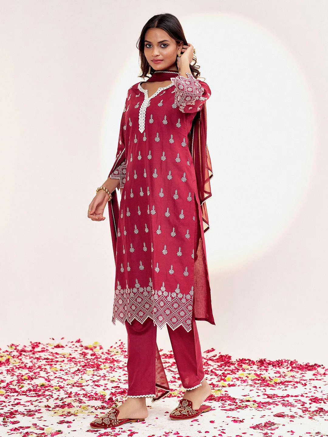 Maroon Embroidered Cotton Schiffli Kurta Set With Dupatta