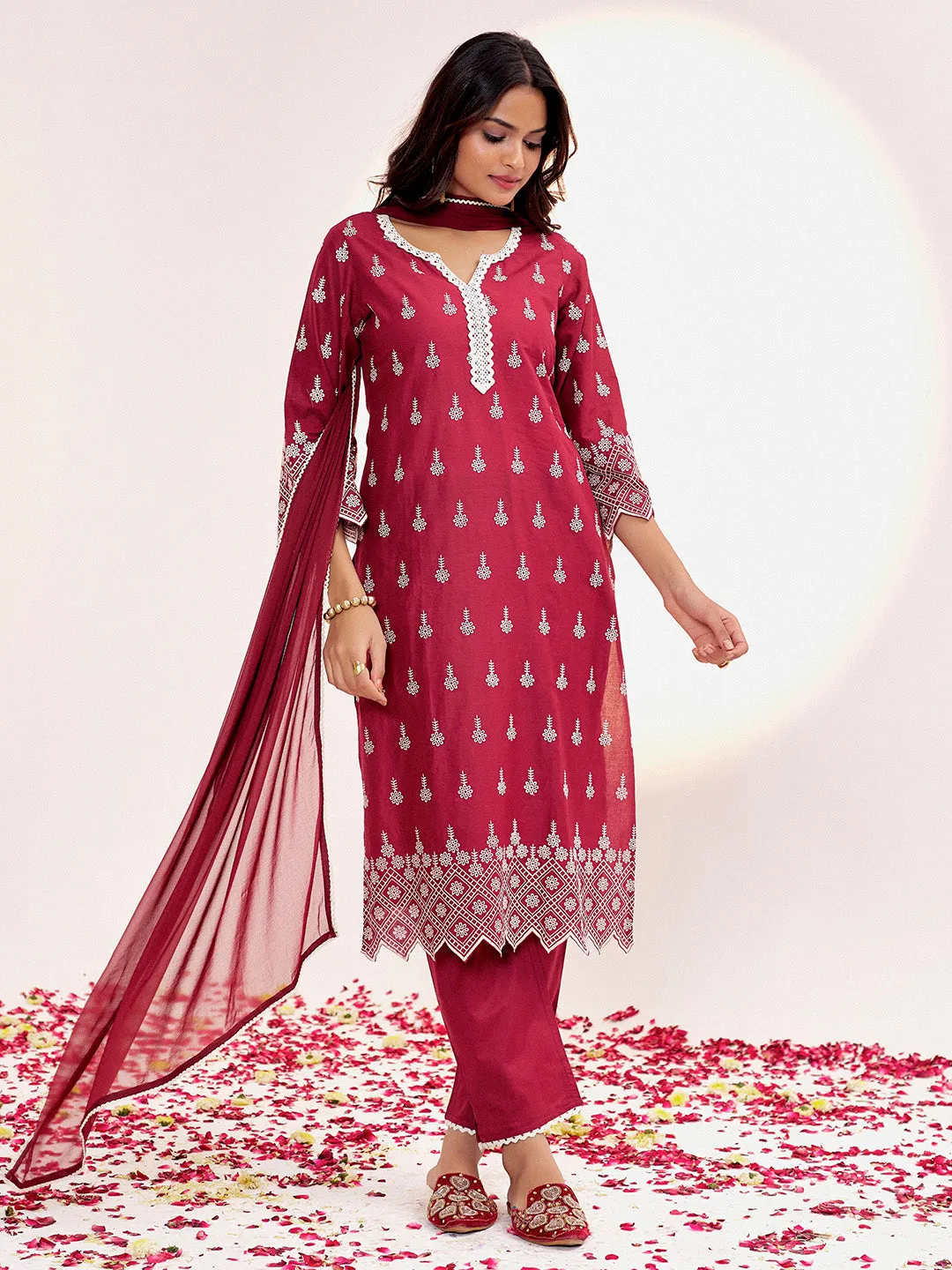 Maroon Embroidered Cotton Schiffli Kurta Set With Dupatta