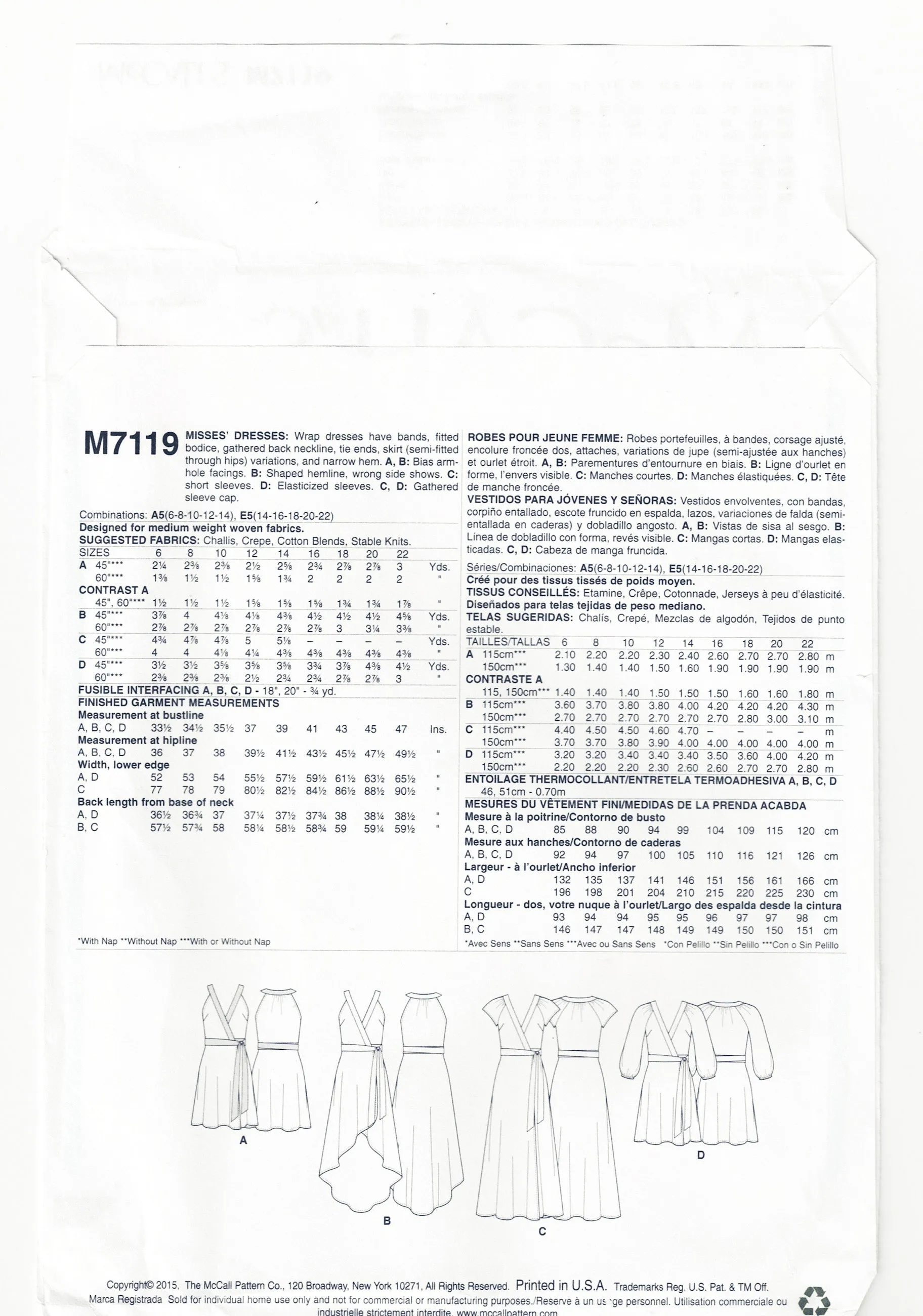 McCall's 7119 EASY Womens Summer Wrap Dress Out Of Print Sewing Pattern Sizes 6 - 14 UNCUT Factory Folded
