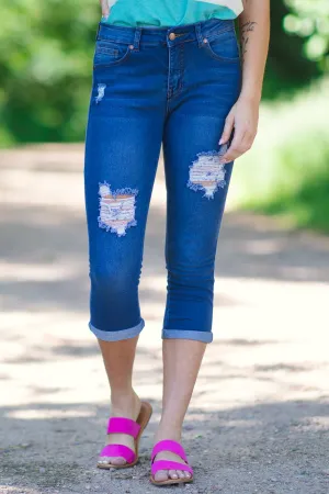 Medium Wash Distressed Capris