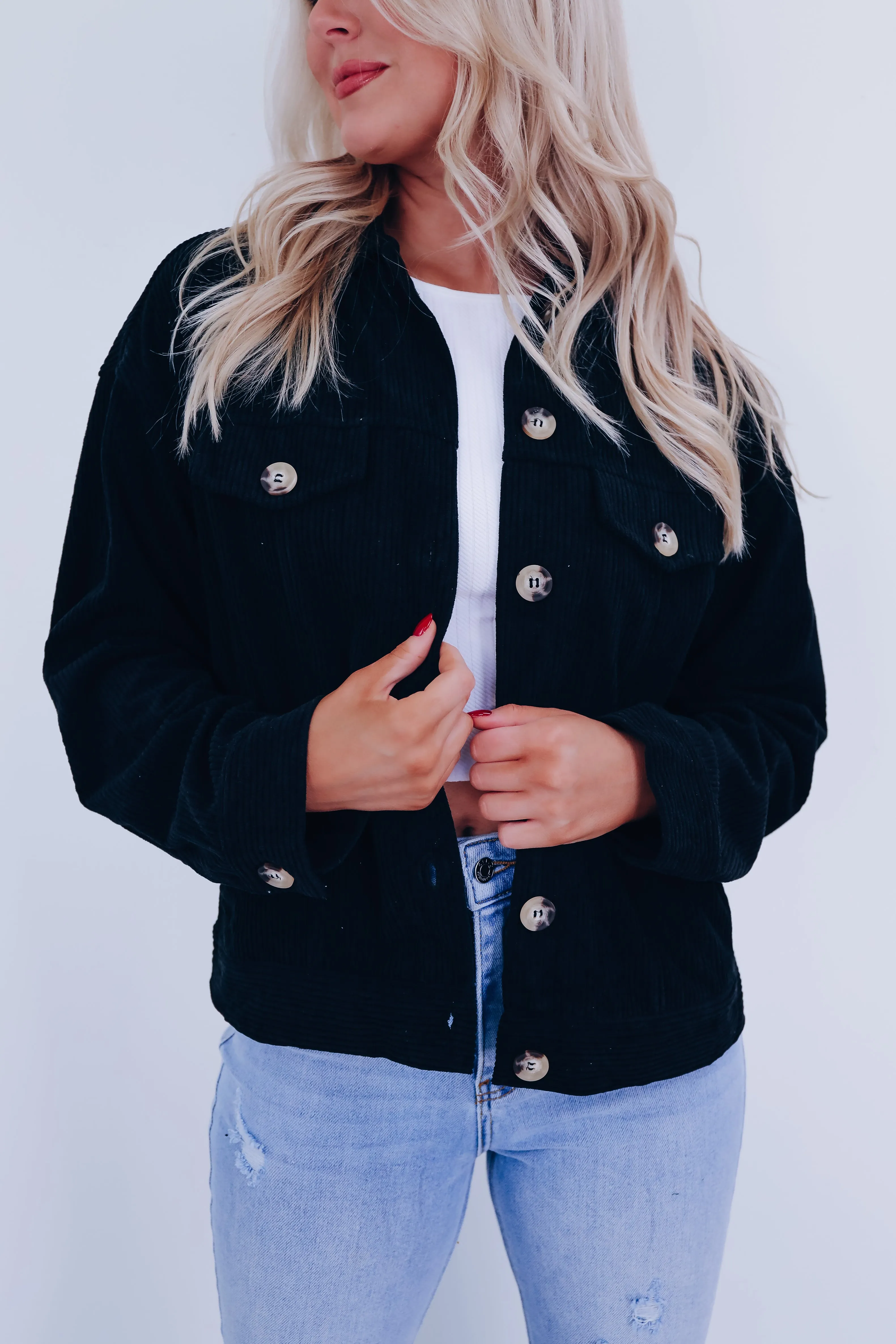Melanie Corduroy Button Down Jacket- Black