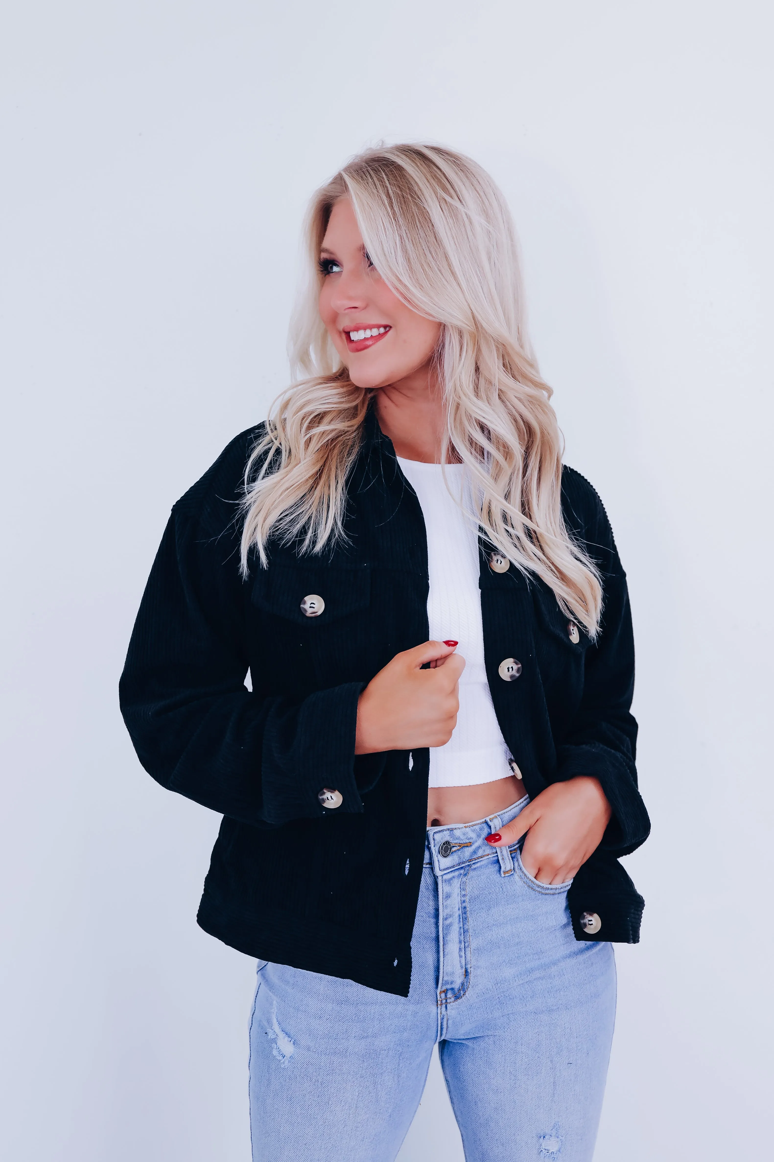 Melanie Corduroy Button Down Jacket- Black