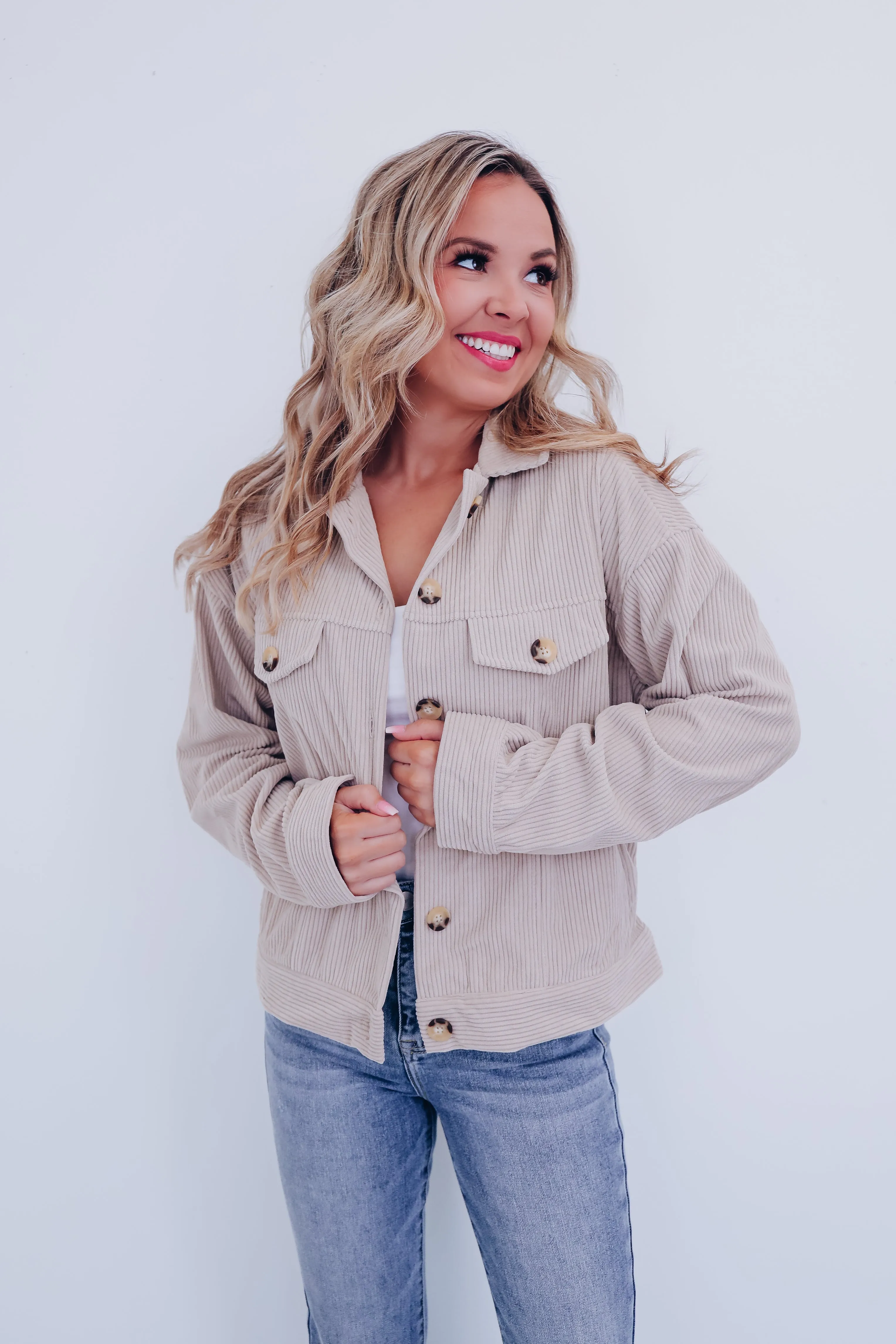 Melanie Corduroy Button Down Jacket- Stone