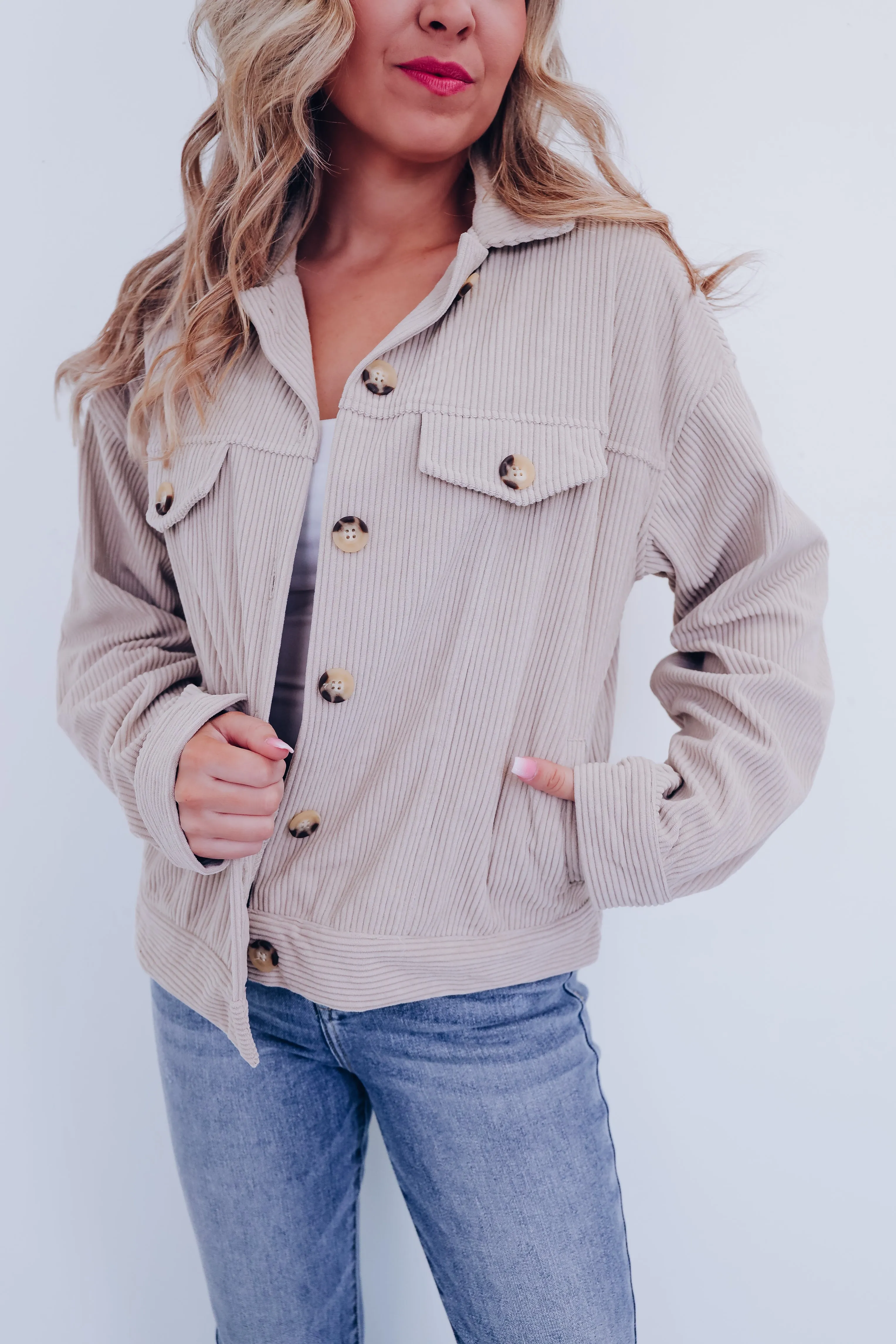Melanie Corduroy Button Down Jacket- Stone