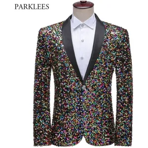 Men's Colorful Glitter Sequin Tuxedo Blazer Luxury Brand Shawl Collar Dress Suit Jacket Wedding Party Stage Blazer