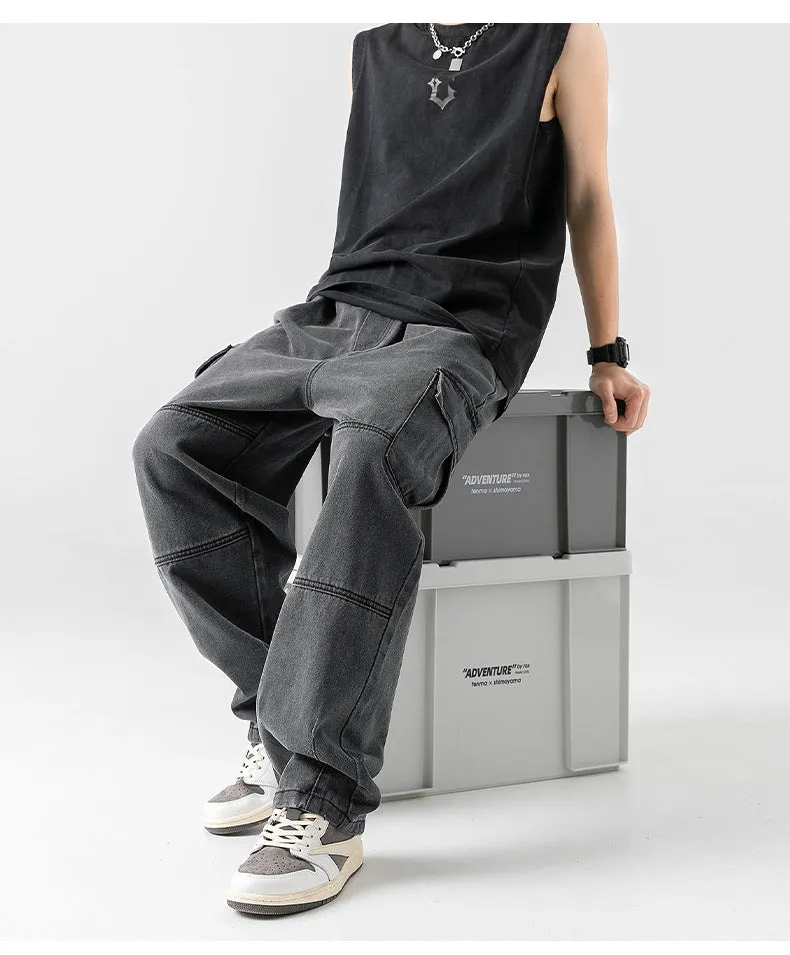 Men's Faded Straight Denim Cargo Pants | Perfect for All Seasons