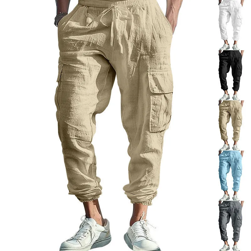 Men's Multi-Pocket Cargo Pants – Loose Fit, Tether Waist, Solid Color, Versatile & Functional