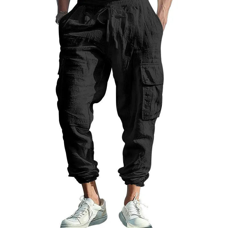 Men's Multi-Pocket Cargo Pants – Loose Fit, Tether Waist, Solid Color, Versatile & Functional