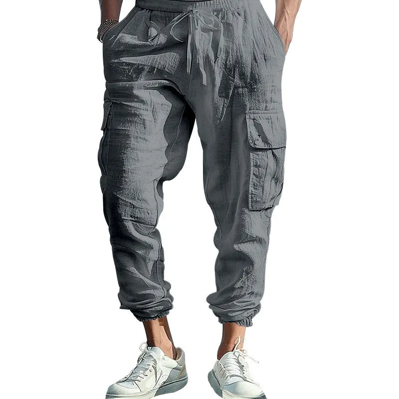 Men's Multi-Pocket Cargo Pants – Loose Fit, Tether Waist, Solid Color, Versatile & Functional