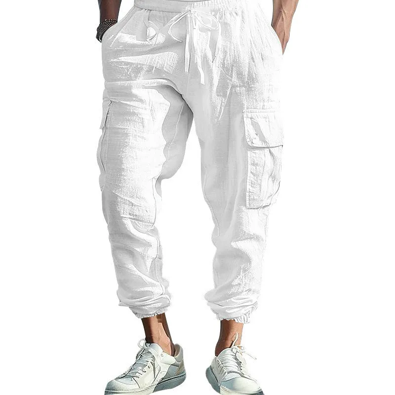 Men's Multi-Pocket Cargo Pants – Loose Fit, Tether Waist, Solid Color, Versatile & Functional
