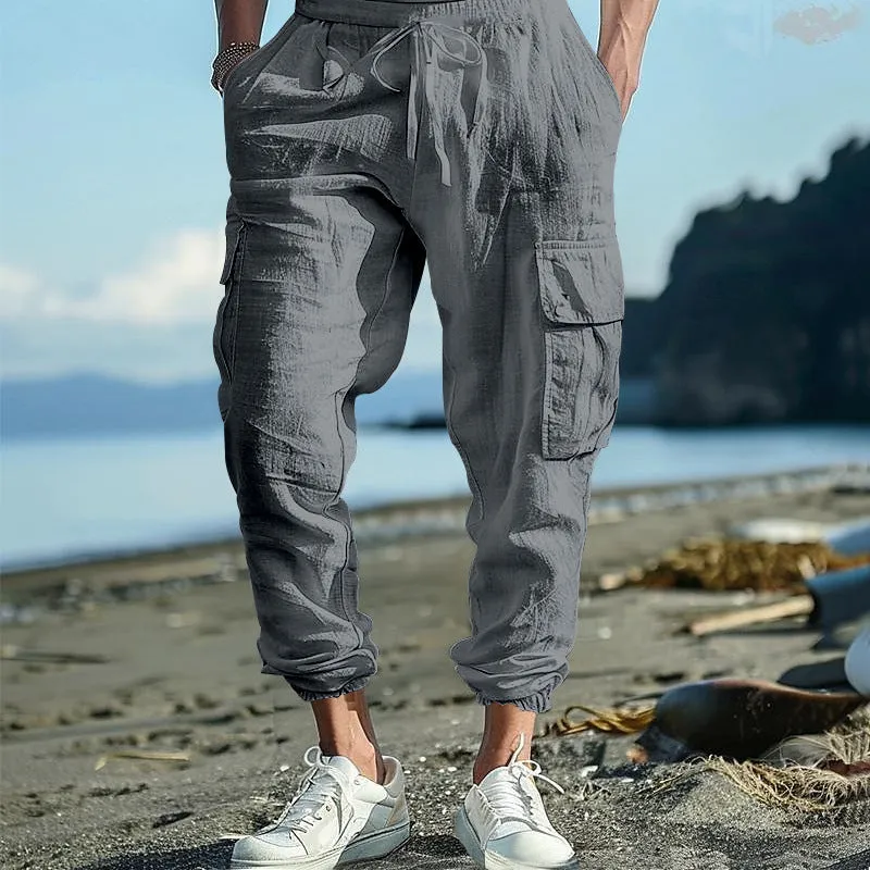 Men's Multi-Pocket Cargo Pants – Loose Fit, Tether Waist, Solid Color, Versatile & Functional