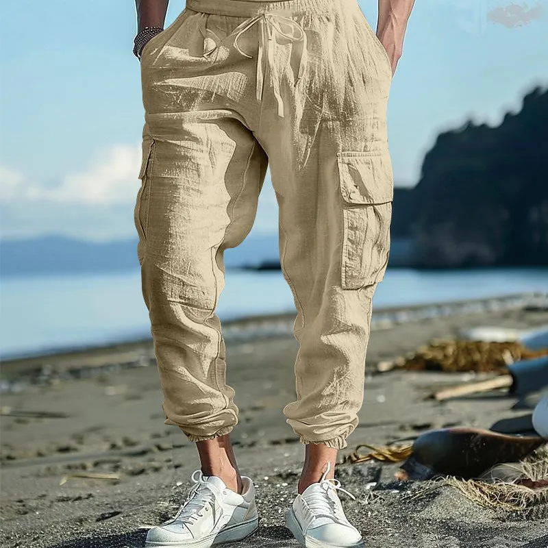 Men's Multi-Pocket Cargo Pants – Loose Fit, Tether Waist, Solid Color, Versatile & Functional