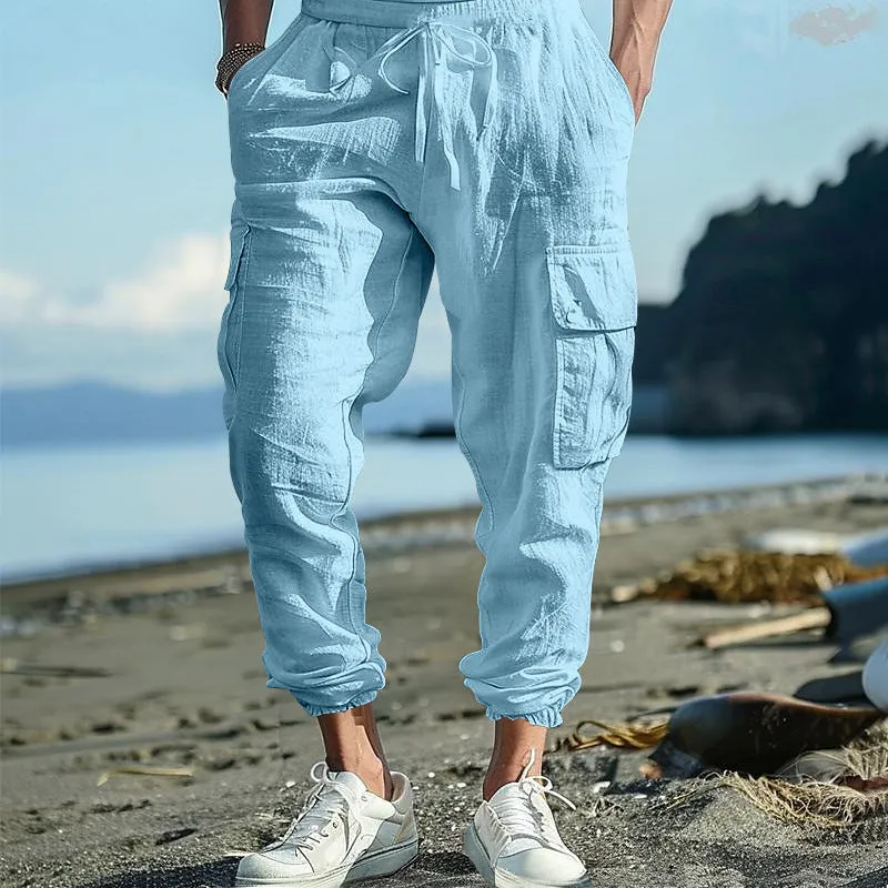 Men's Multi-Pocket Cargo Pants – Loose Fit, Tether Waist, Solid Color, Versatile & Functional