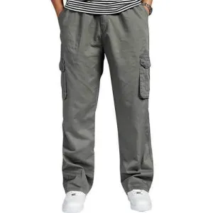 Mens Multi-pocket Cotton Cargo Pants Elastic Waist Loose Fit Solid Color Casual Trousers