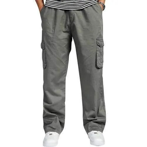 Mens Multi-pocket Cotton Cargo Pants Elastic Waist Loose Fit Solid Color Casual Trousers