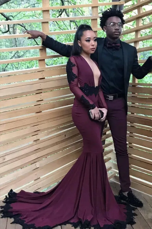 Mermaid Dresses Long Sleeves Lace AppliquesDeep V Neck Prom DresseS