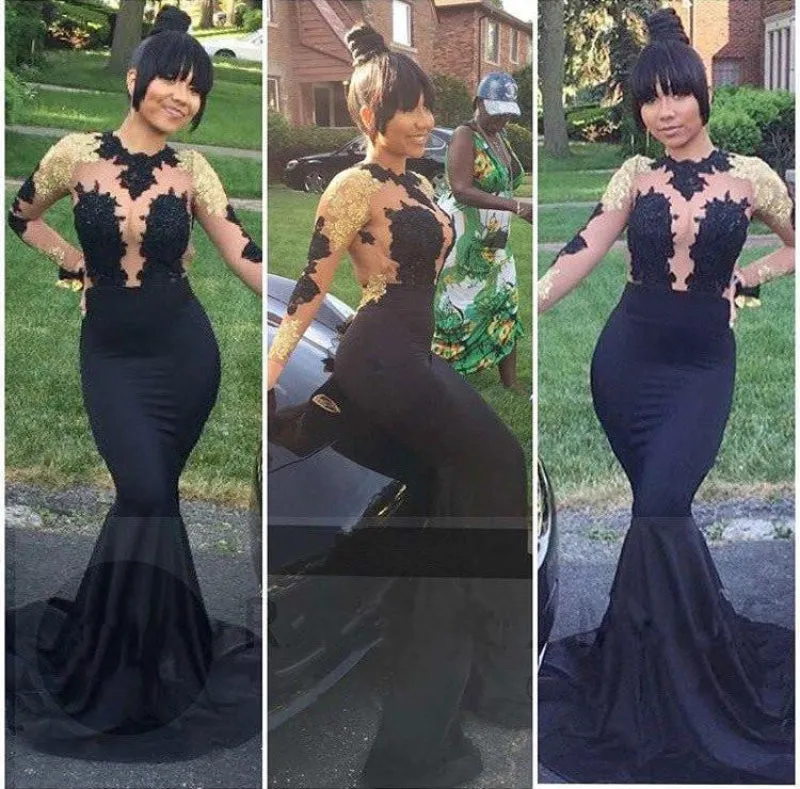 Mermaid Long Sleeves Gold Lace Appliques Pretty Prom Evening Gowns