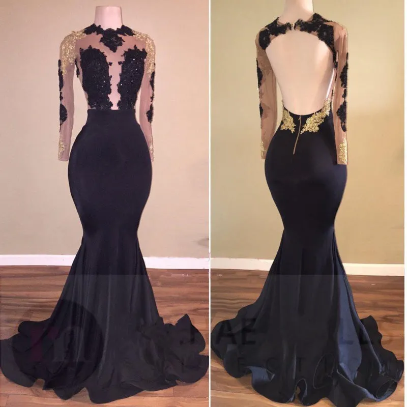 Mermaid Long Sleeves Gold Lace Appliques Pretty Prom Evening Gowns