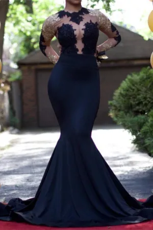 Mermaid Long Sleeves Gold Lace Appliques Pretty Prom Evening Gowns