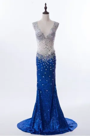 Mermaid V-neck Sequined Backless Prom Dresses Evening Dress