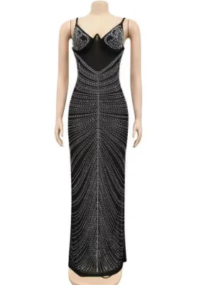 Mesh Sheer Rhinestones Maxi Dress