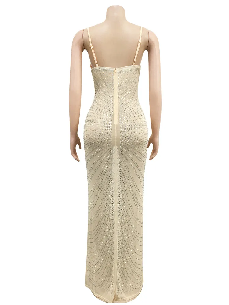 Mesh Sheer Rhinestones Maxi Dress