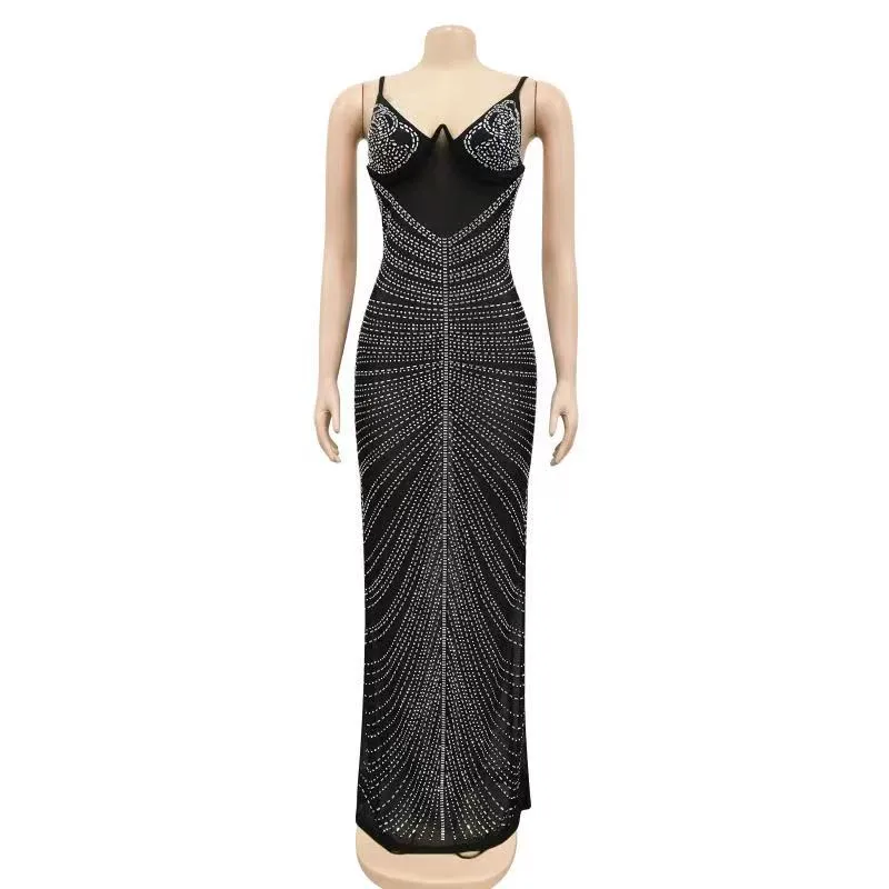 Mesh Sheer Rhinestones Maxi Dress