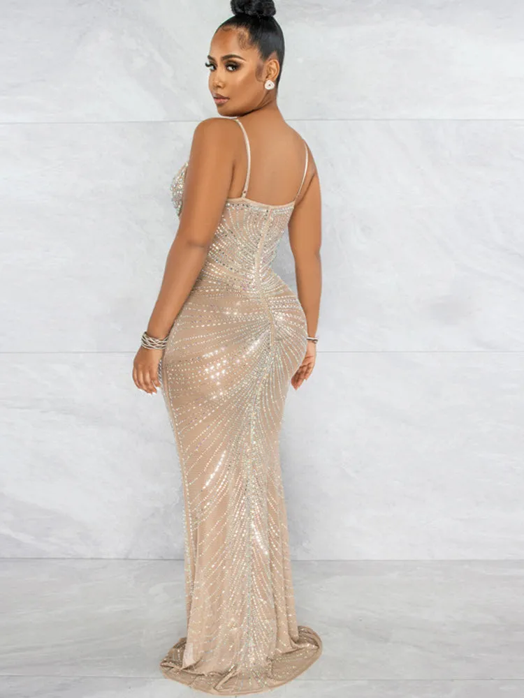 Mesh Sheer Rhinestones Maxi Dress