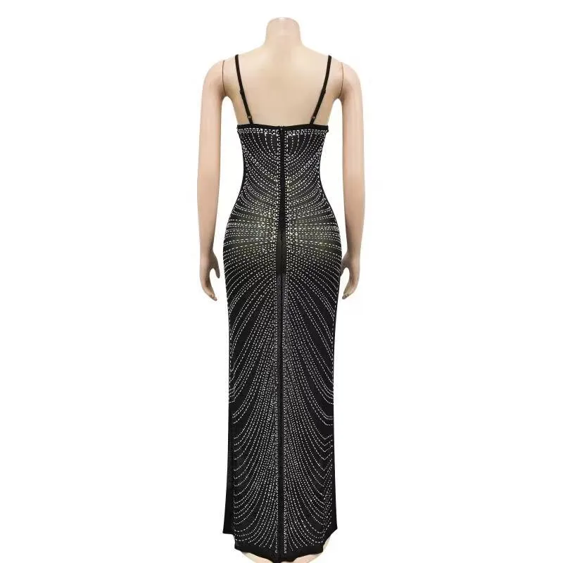 Mesh Sheer Rhinestones Maxi Dress