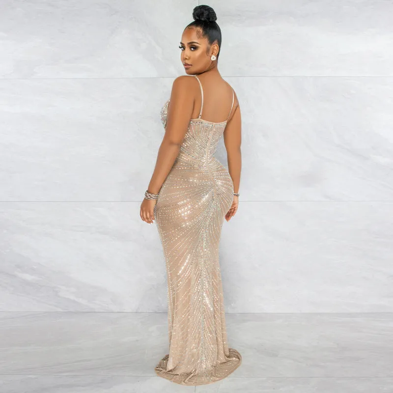 Mesh Sheer Rhinestones Maxi Dress