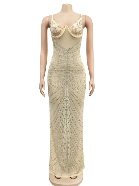 Mesh Sheer Rhinestones Maxi Dress