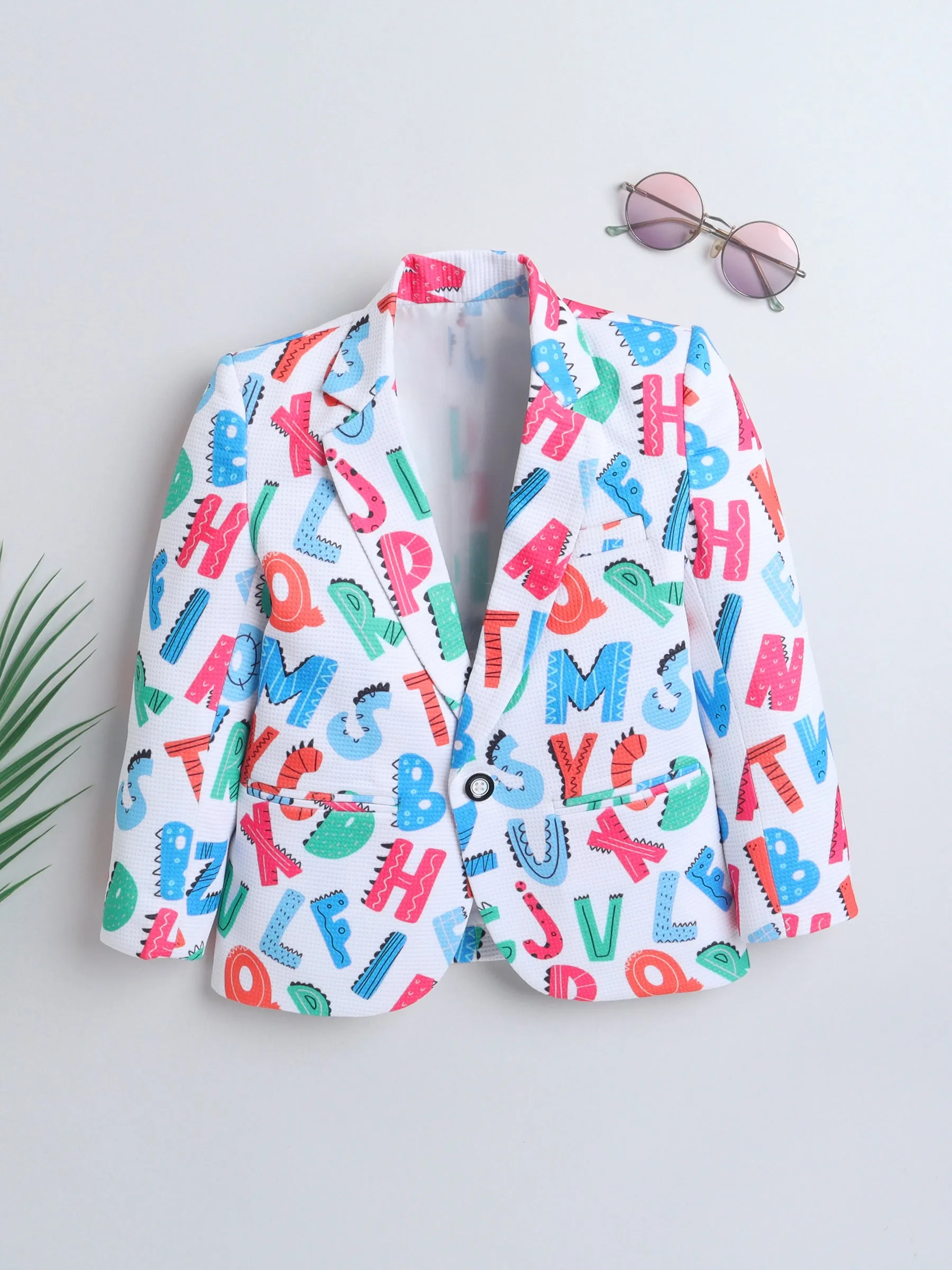 Ministitch Full Sleeves Alphabet Print Party Blazer- MultiColor