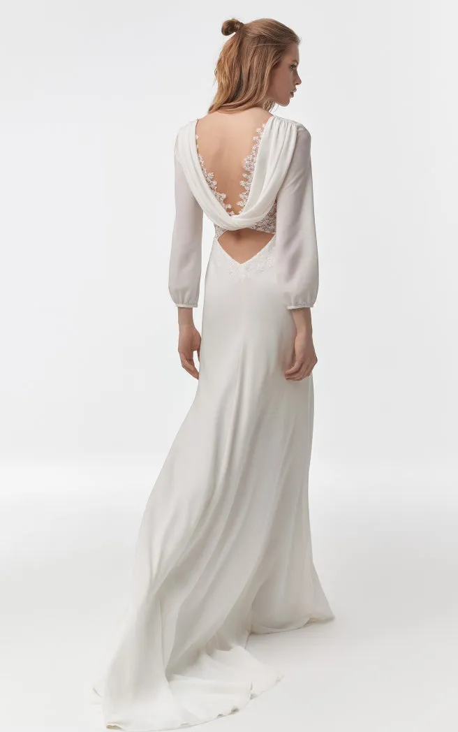 Modern Chiffon V-neck Sheath Long Sleeve Wedding Dress with Open Cowel Back and Sweep Train-715907