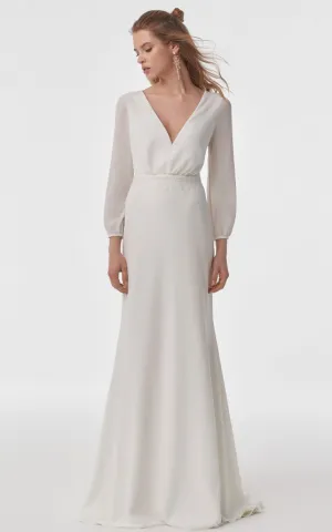 Modern Chiffon V-neck Sheath Long Sleeve Wedding Dress with Open Cowel Back and Sweep Train-715907