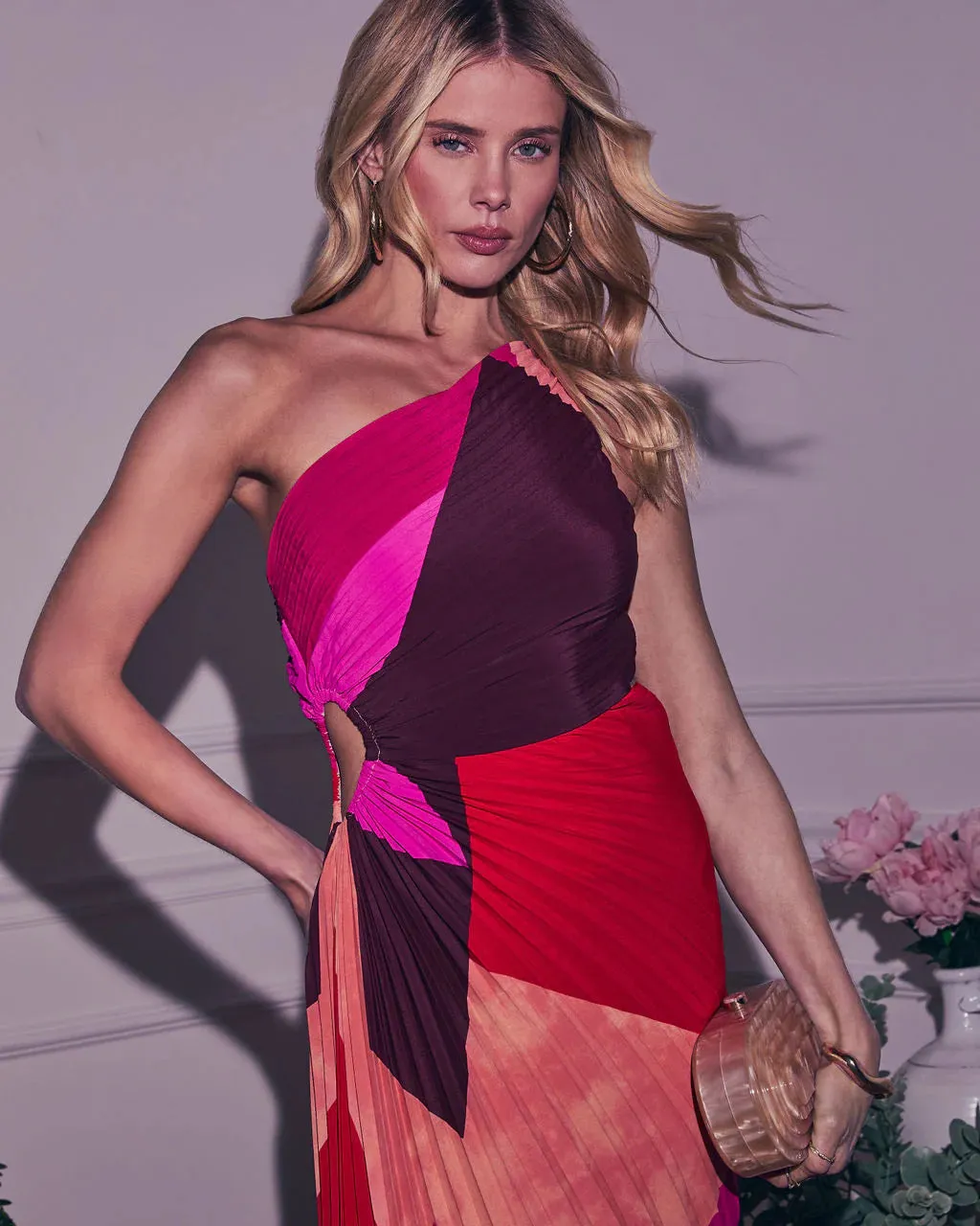 Modern Day Glam Printed One Shoulder Asymmetrical Maxi Dress