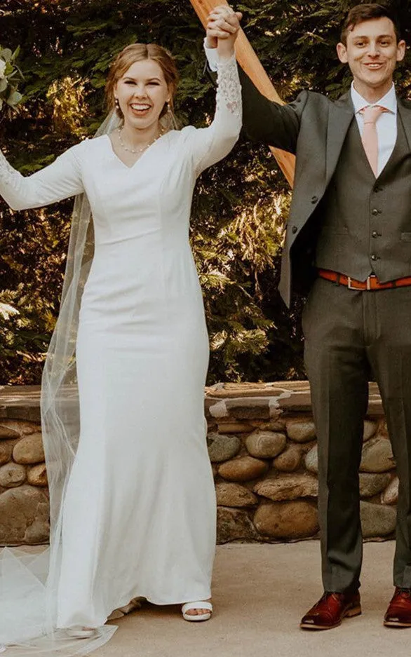 Modest Sheath V-neck Satin Court Train Wedding Dress with Appliques-716398