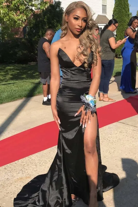 Modest V-Neck Side Slit Sleeveless Floor Length Prom Dresses