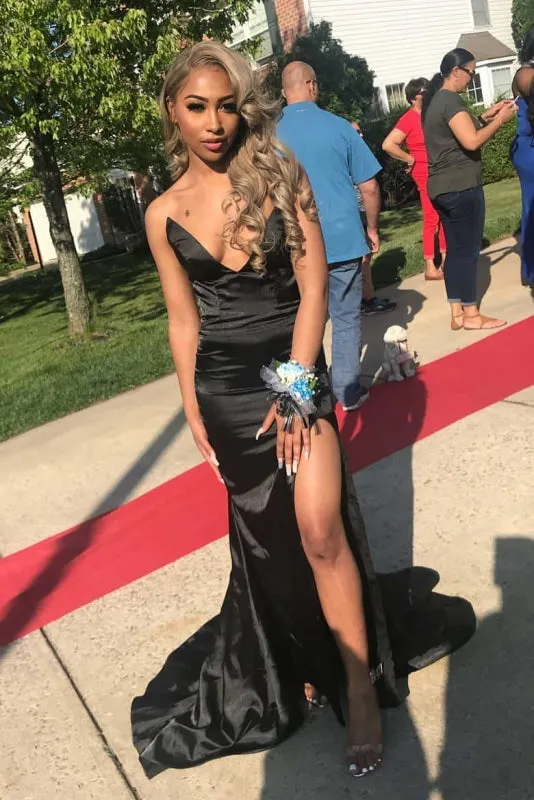 Modest V-Neck Side Slit Sleeveless Floor Length Prom Dresses
