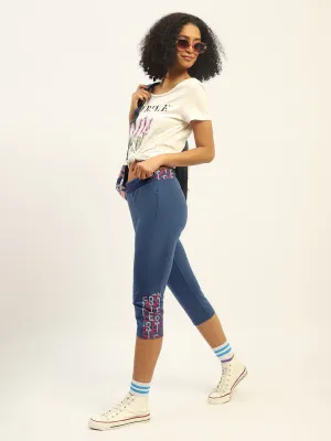mSECRET Printed Blue Cotton Blend Capri